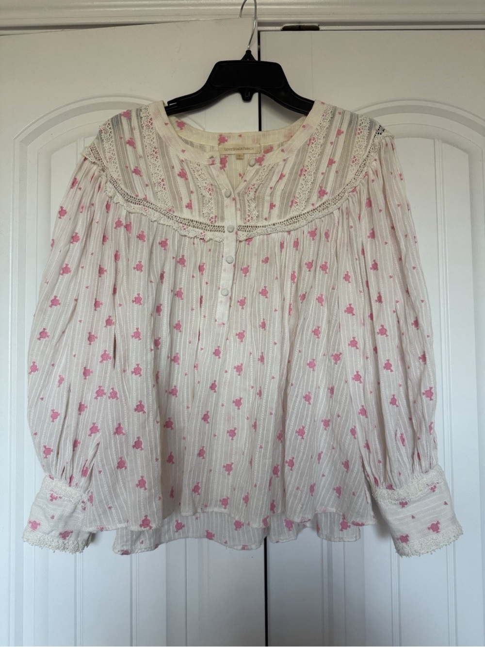 Loveshackfancy Blouse Size Small Cotton Boho White Pink Long Sleeve